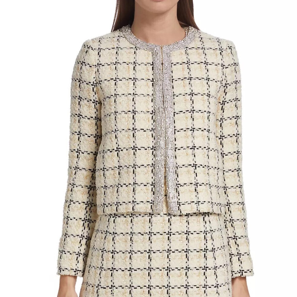 Alice and Olivia Kidman Embellished Tweed Jacket, Off White/Black - Retail $795
